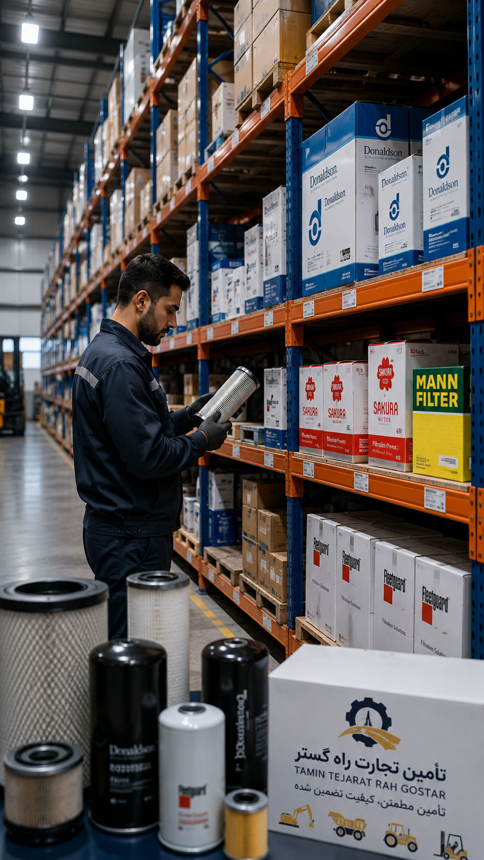 Industrial warehouse with organized storage of filters and industrial equipment for heavy machinery supply